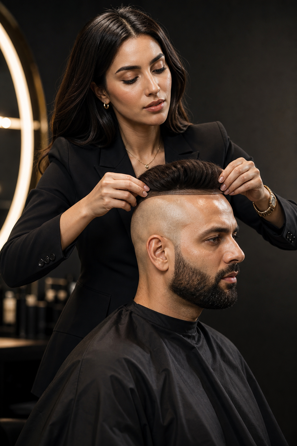 Luxury editorial fitting scene showing a confident bald man seated while a stylish professional places a premium hair patch crown on his head with soft dramatic studio lighting