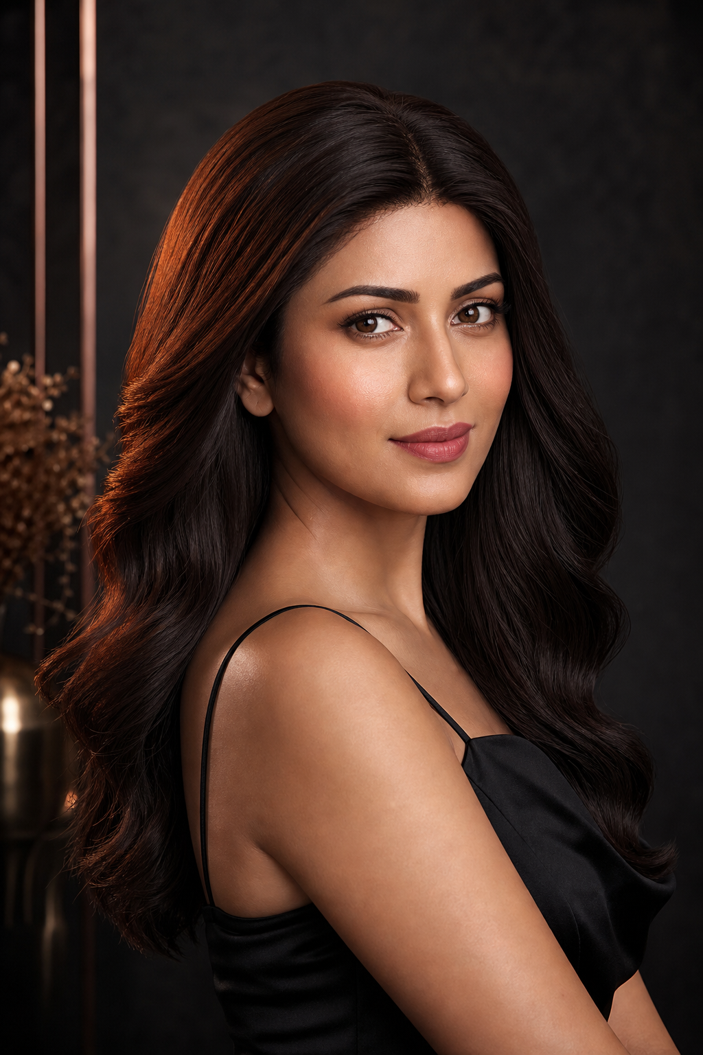 Confident woman wearing a sleek premium human hair wig with natural hairline in a luxury studio portrait