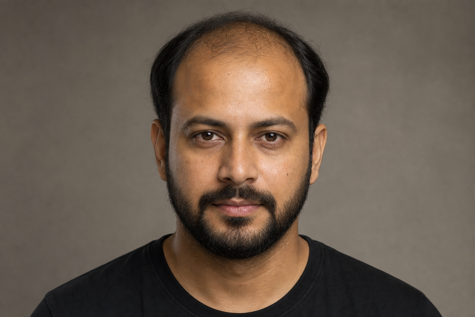 Before portrait with visible frontal thinning and receding hairline in matching studio angle