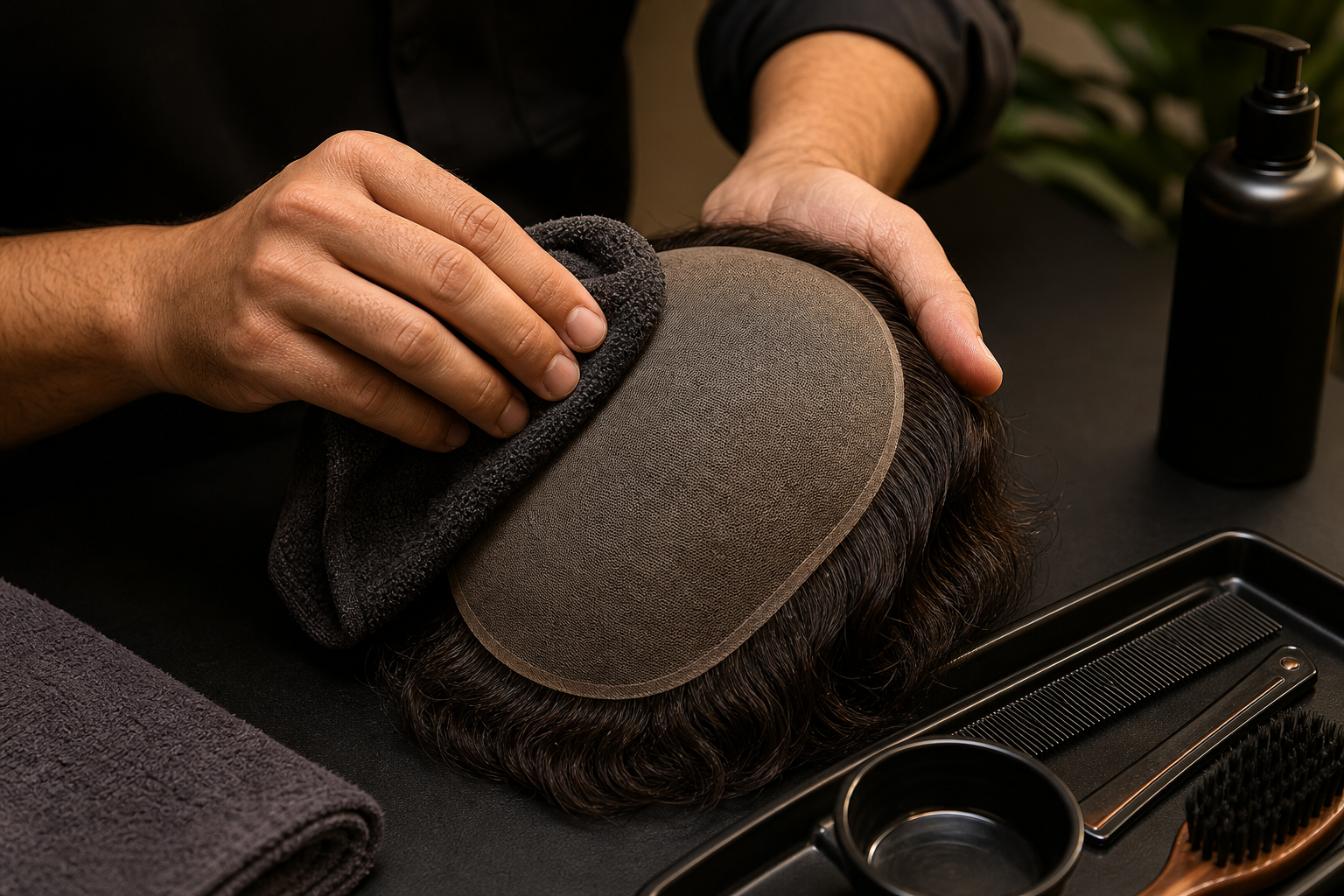 Step 1 visual showing hands gently cleaning a hair patch base and checking it is fully dry