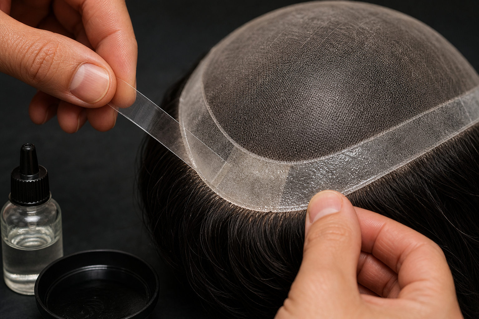 Step 3 visual showing careful tape and adhesive application on hair patch base and front edges