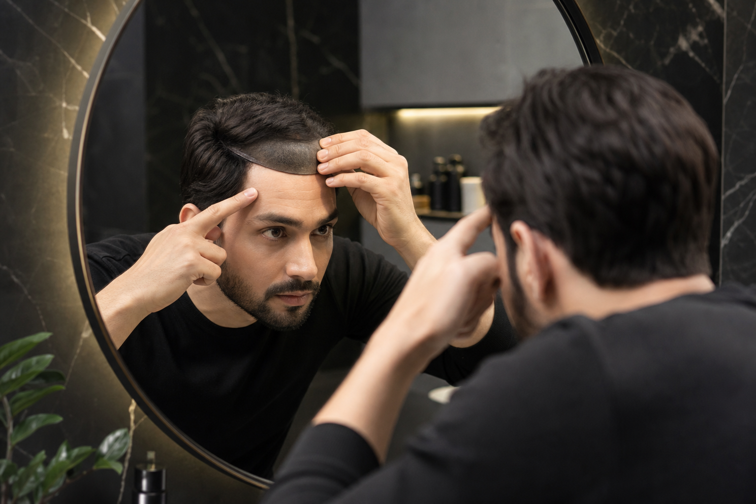 Step 4 visual of mirror alignment for hair patch placement at the front hairline