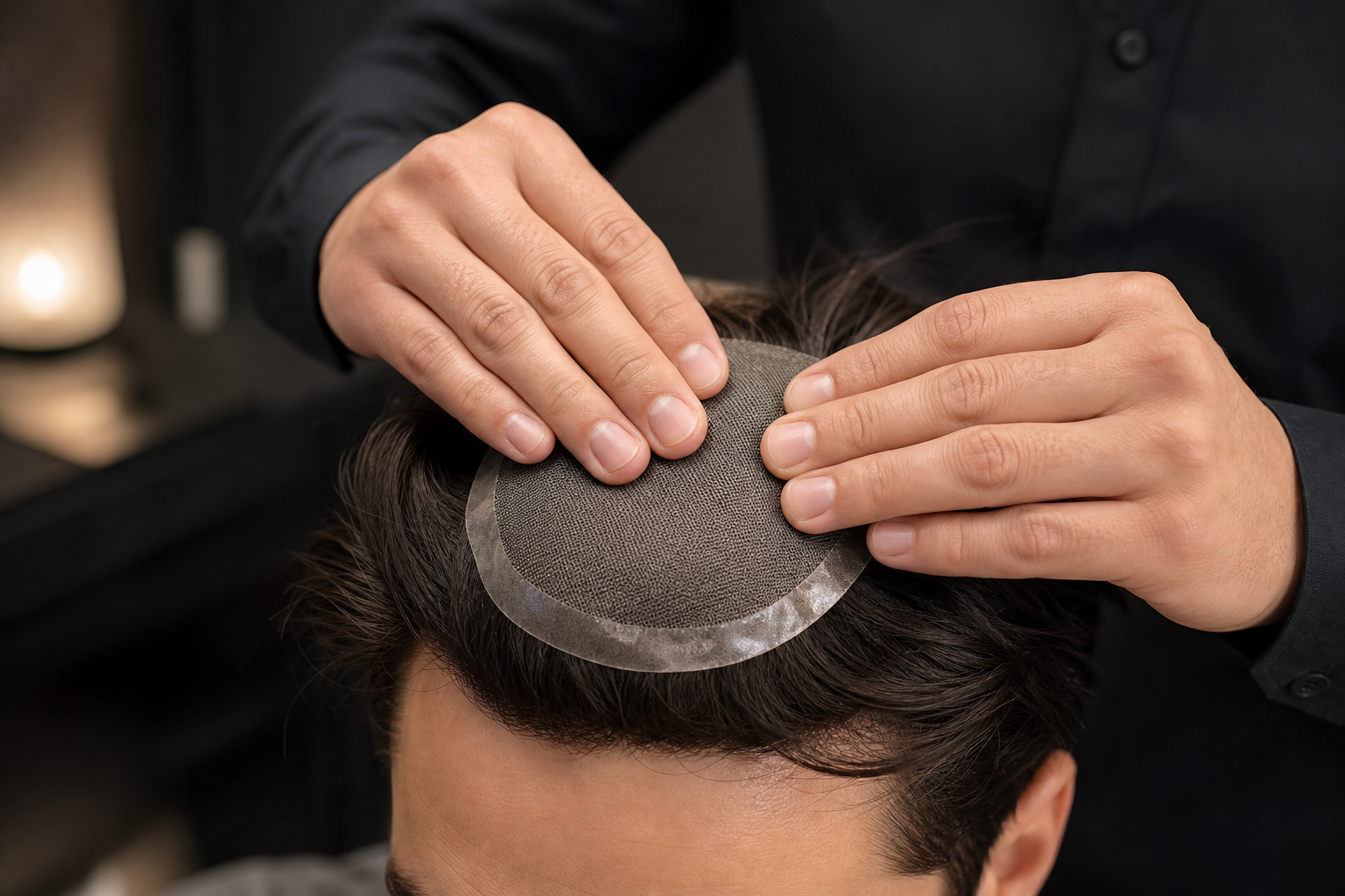 Step 5 visual showing patch pressed onto scalp from center to edges for secure bonding