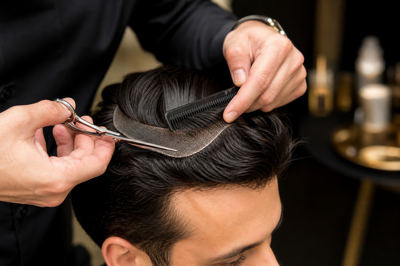 Step 6 visual showing careful trimming and blending of patch hair with existing hairstyle