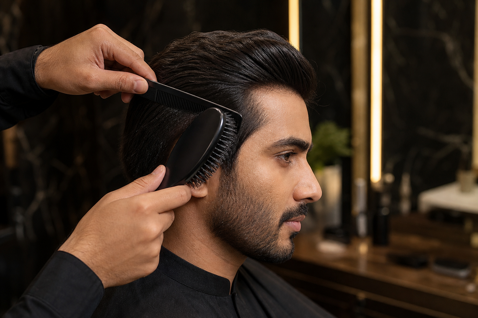 Step 7 visual with comb and brush styling the newly fixed hair patch into final shape