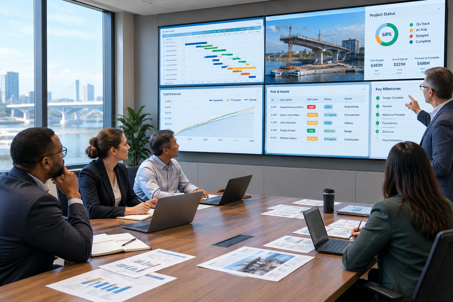 Project leadership team reviewing infrastructure schedule and cost dashboards in a professional operations room