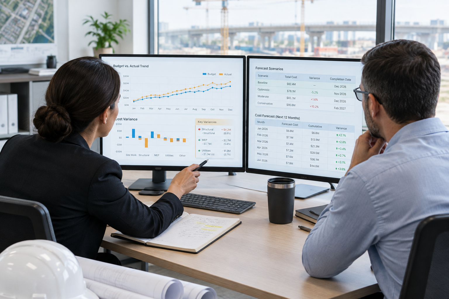 Analysts reviewing budget trend lines and forecast scenarios with spreadsheets, charts, and infrastructure cost summaries
