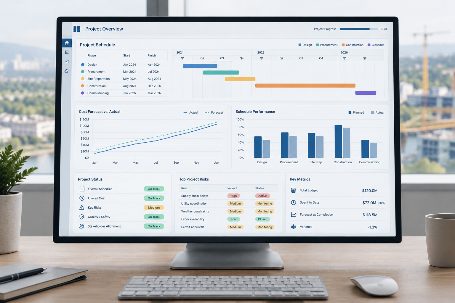 Clean professional project reporting dashboard with schedule timeline cues, cost trend charts, risk indicators, and structured analytical panels in a calm neutral office-style interface