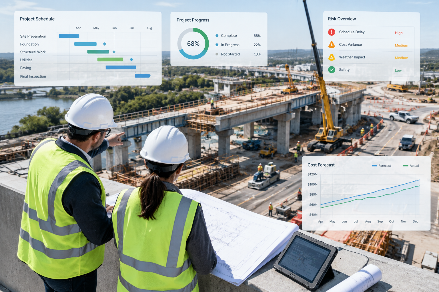 Overhead infrastructure project scene with engineers, construction activity, and integrated dashboard overlays showing schedule bars, trend lines, and reporting widgets