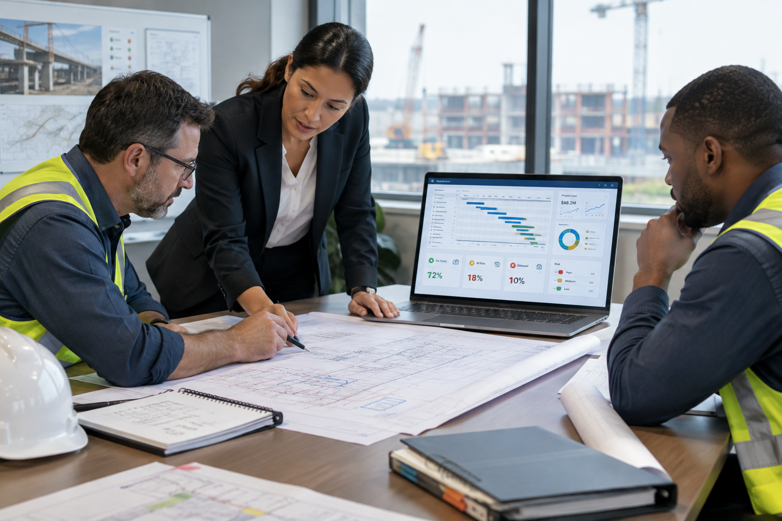 Project coordination table with engineers reviewing infrastructure plans beside a laptop showing schedule and cost dashboard metrics