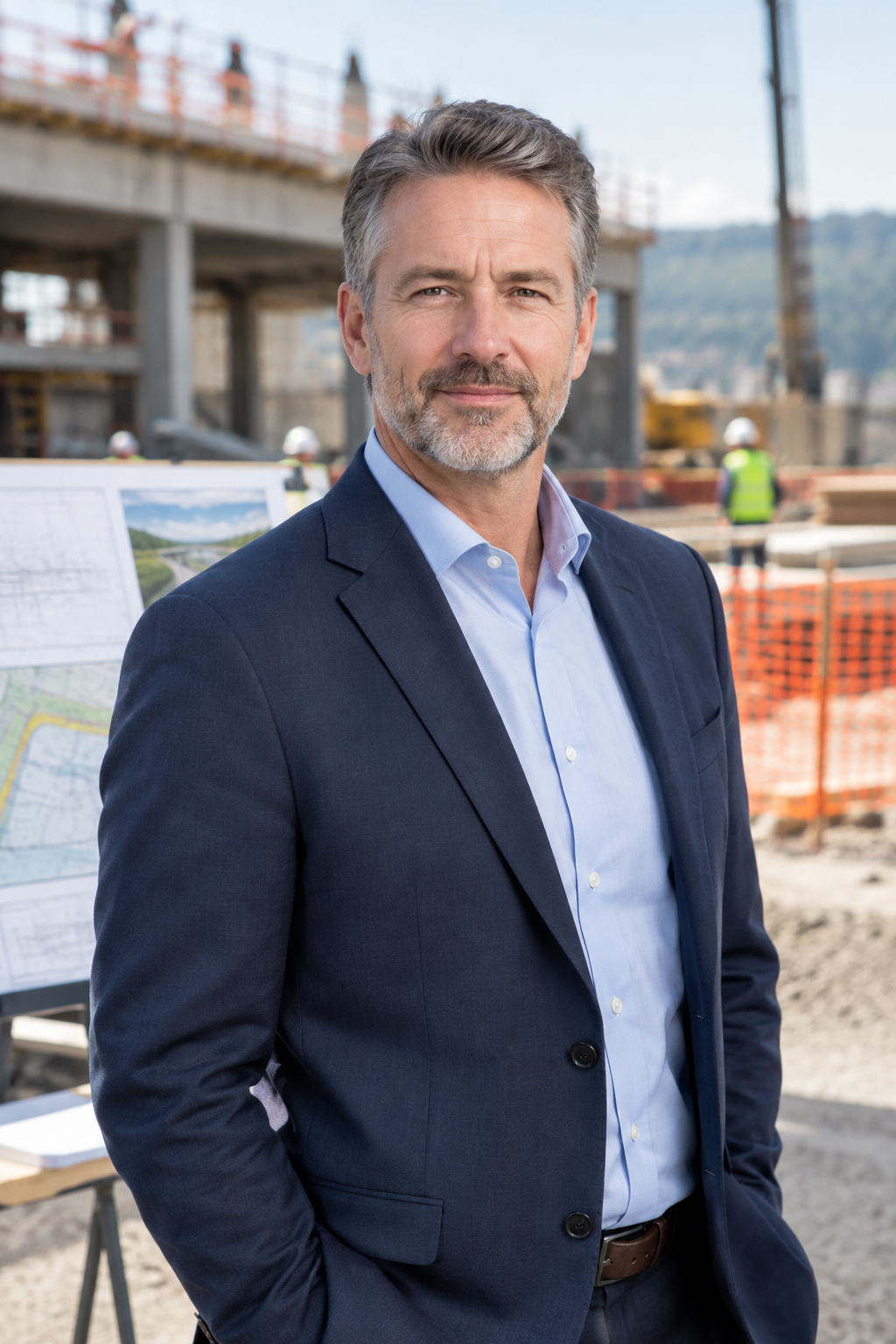 Principal advisor in a navy blazer and light blue shirt standing on an active infrastructure project site with hardhat and schedule boards in the background