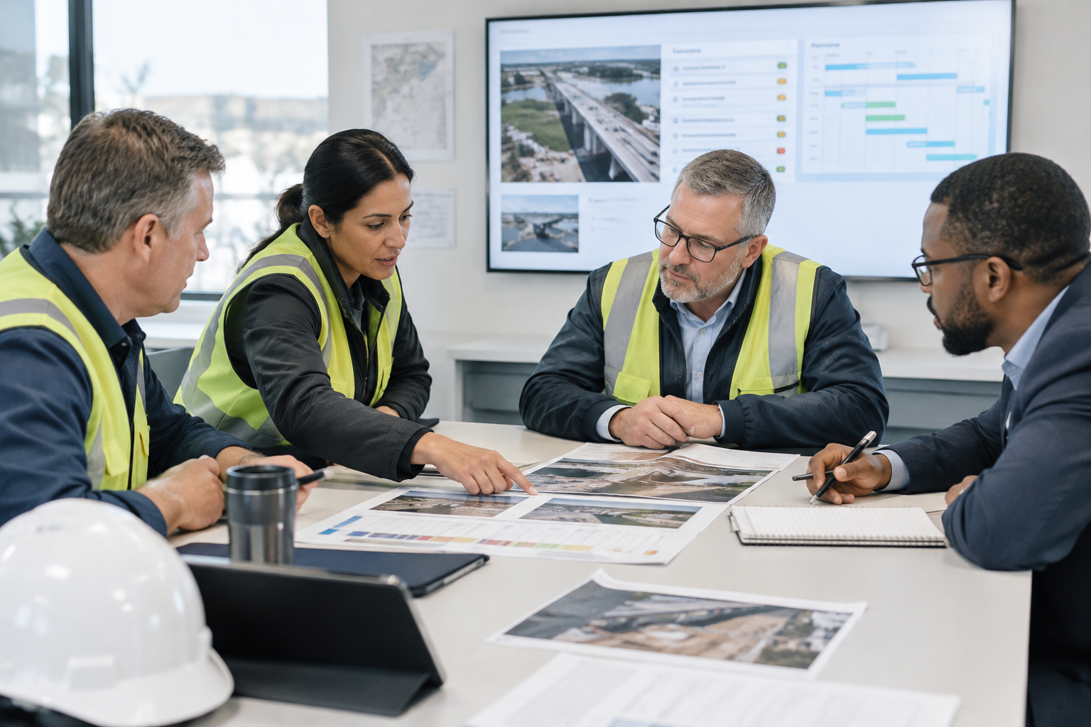 Infrastructure leaders reviewing field progress photos, site notes, and action items in a project coordination meeting