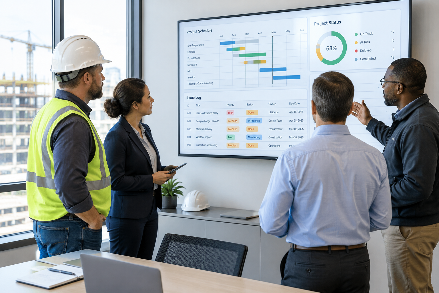 Modern coordination huddle where field and office leads compare issue logs and action items on a large display