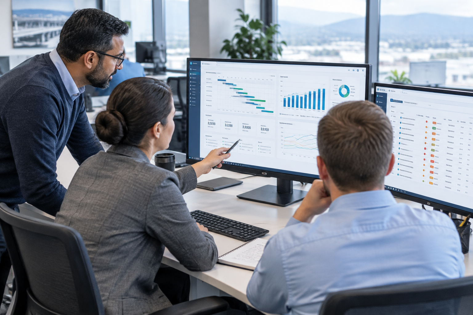 Three technical consultants collaborating at dual-monitor workstations with project controls dashboards open