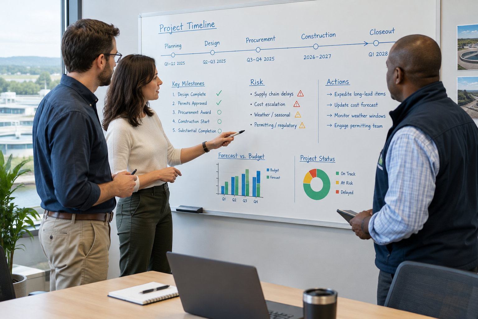 Two advisors and a utility manager discussing milestones on a whiteboard filled with timeline notes and risk markers