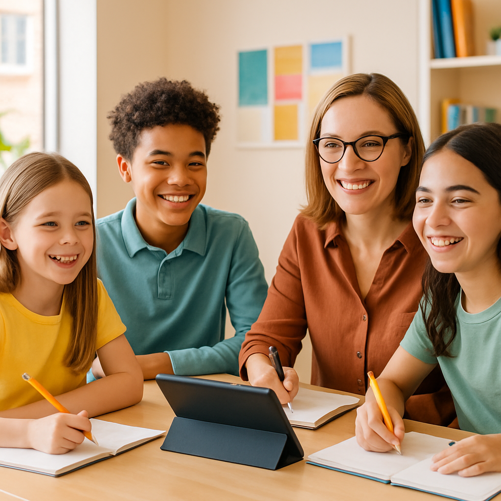 Smiling language learners of different ages studying together with notebooks and tablets in a bright classroom
