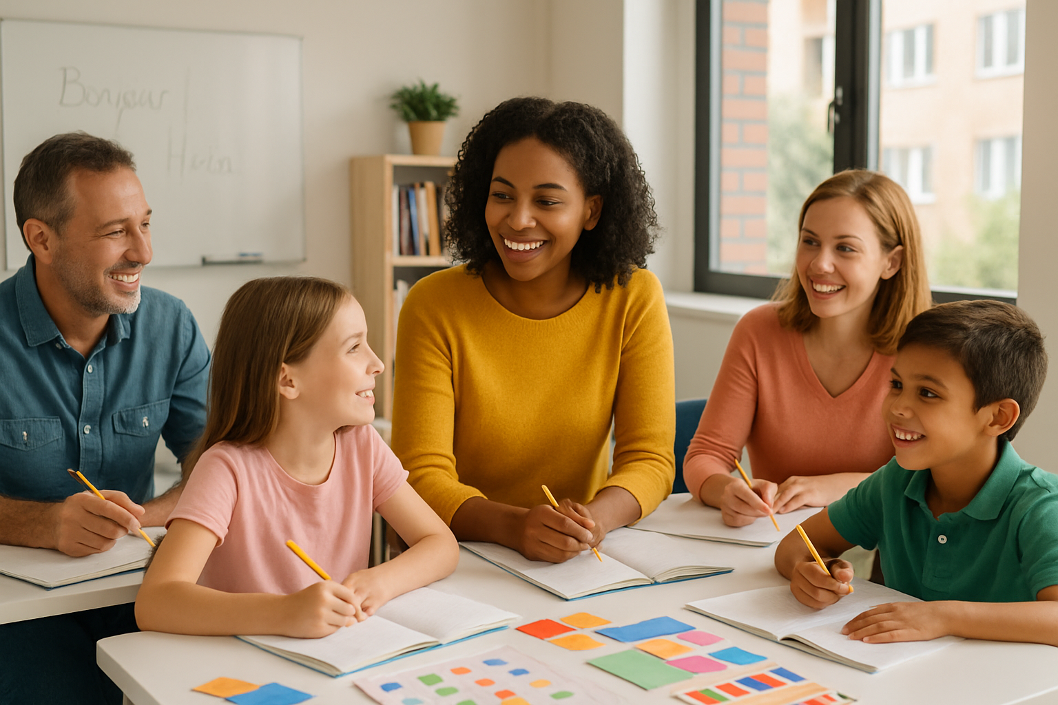 Smiling diverse teacher working with a small group of children and adults in a bright language classroom, with notebooks and colorful learning materials