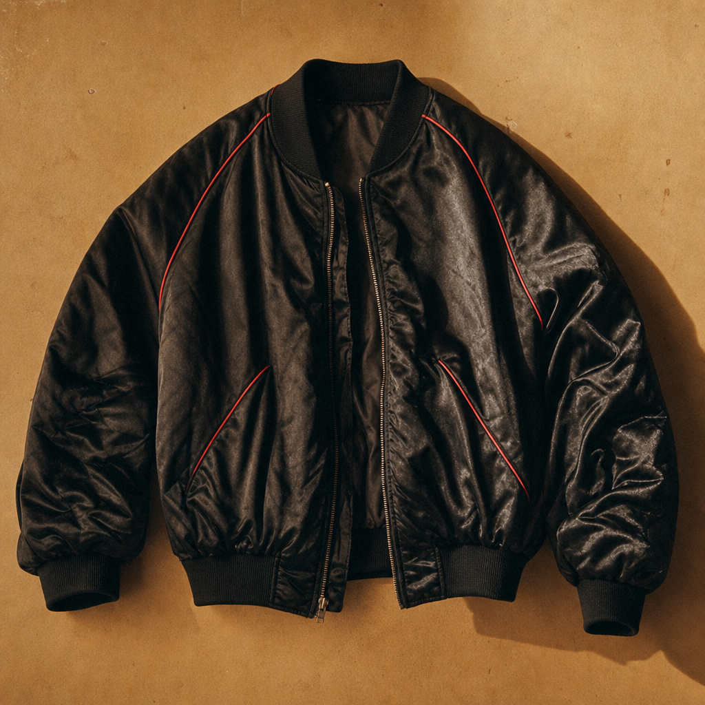 1980s oversized black satin bomber jacket with ribbed cuffs and subtle red piping