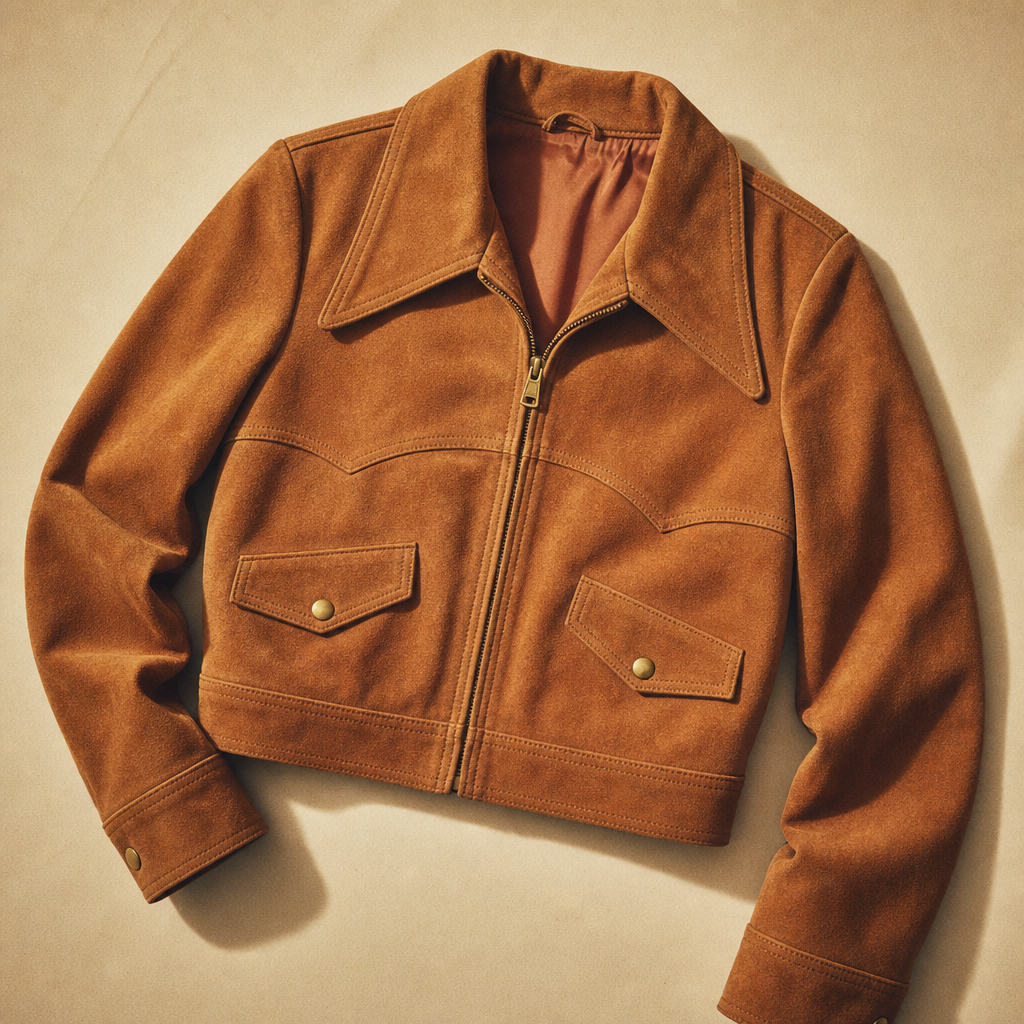 Cropped 1970s suede jacket in warm caramel brown with a wide collar and brass zipper