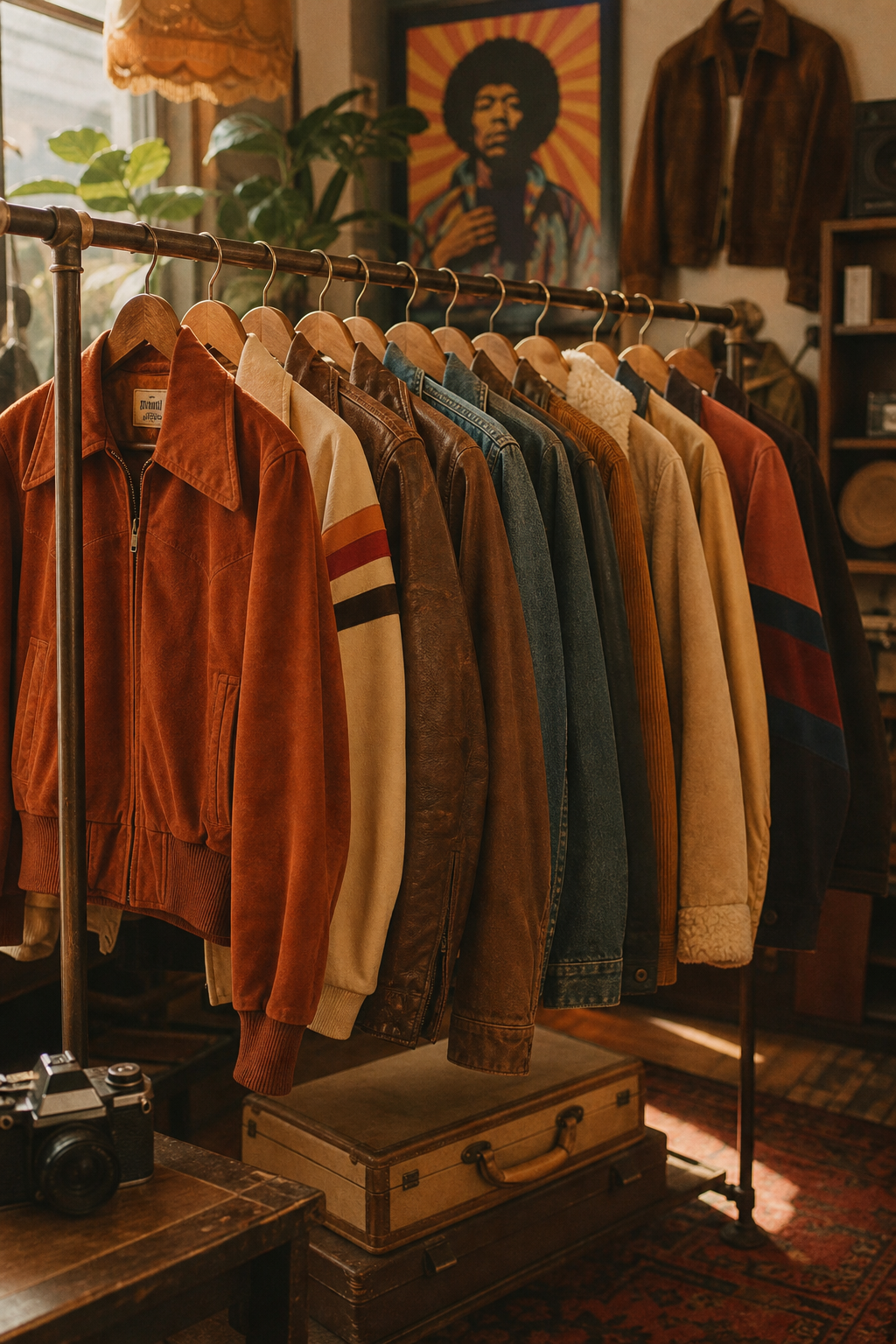 Warm film-style photo of a curated vintage boutique rack with 70s and 80s jackets