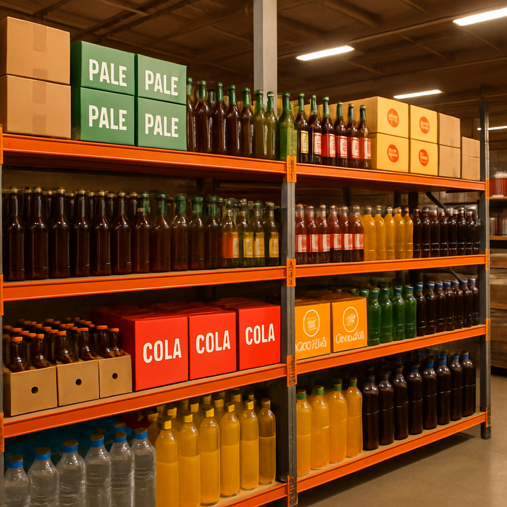 Prateleiras organizadas de bebidas em um depósito moderno, caixas e garrafas em destaque