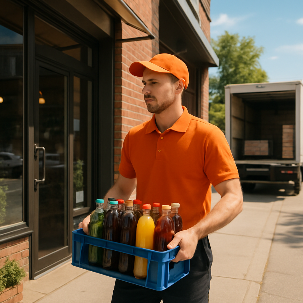 Entrega ágil de bebidas: colaborador uniformizado descarregando caixa em frente a comércio