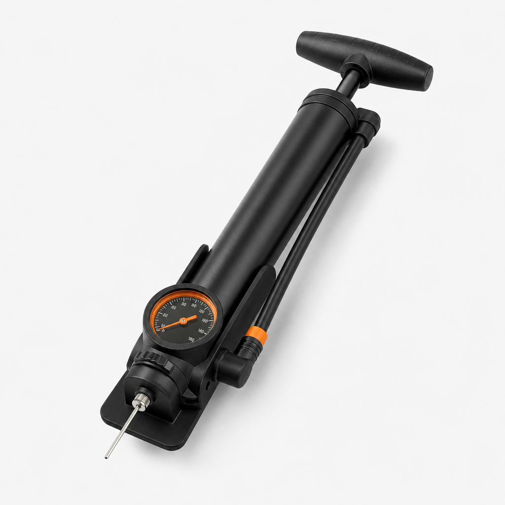 Compact black ball pump with orange gauge accents