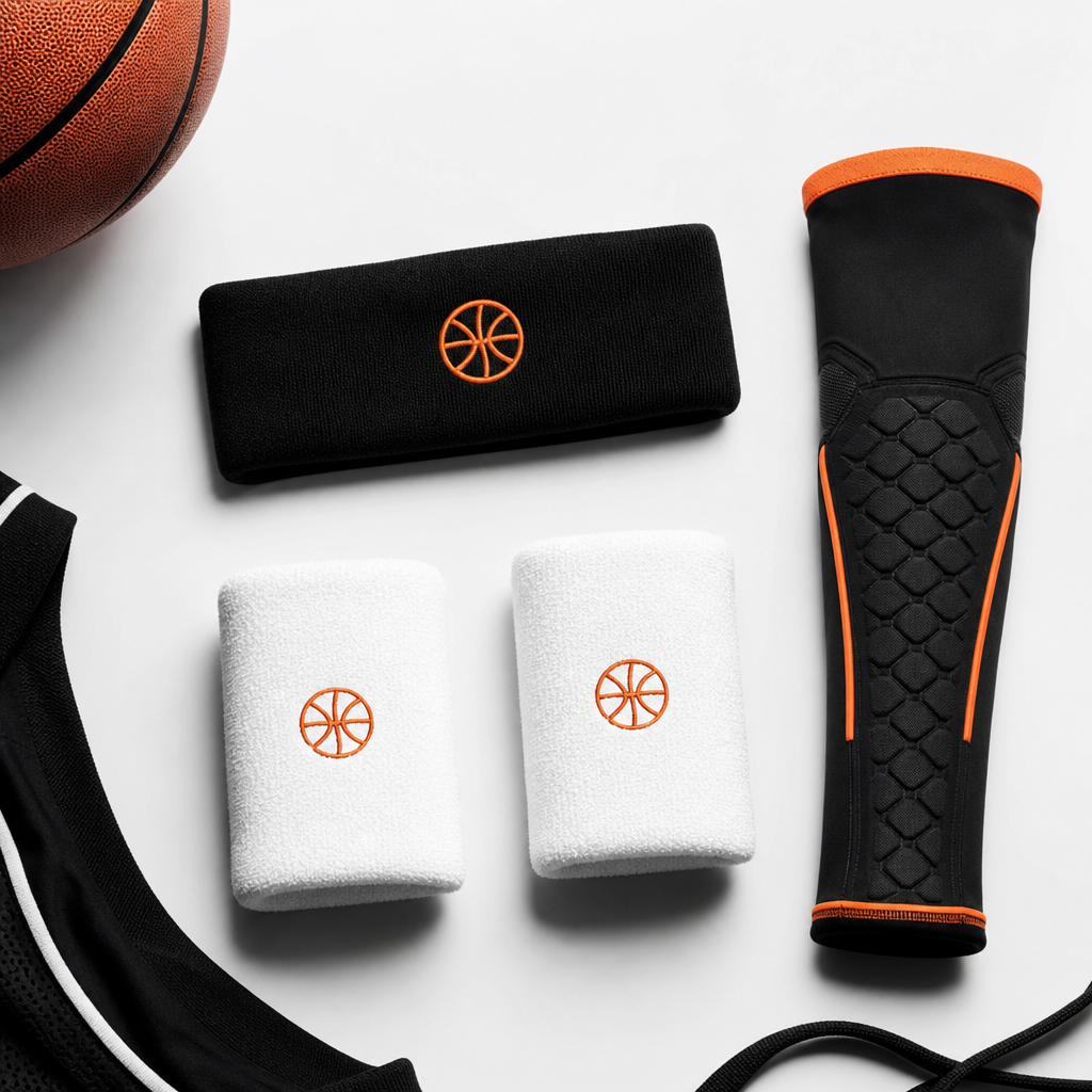 Flat lay of minimalist basketball accessories including a black headband, white wristbands, and an orange-accented grip sleeve