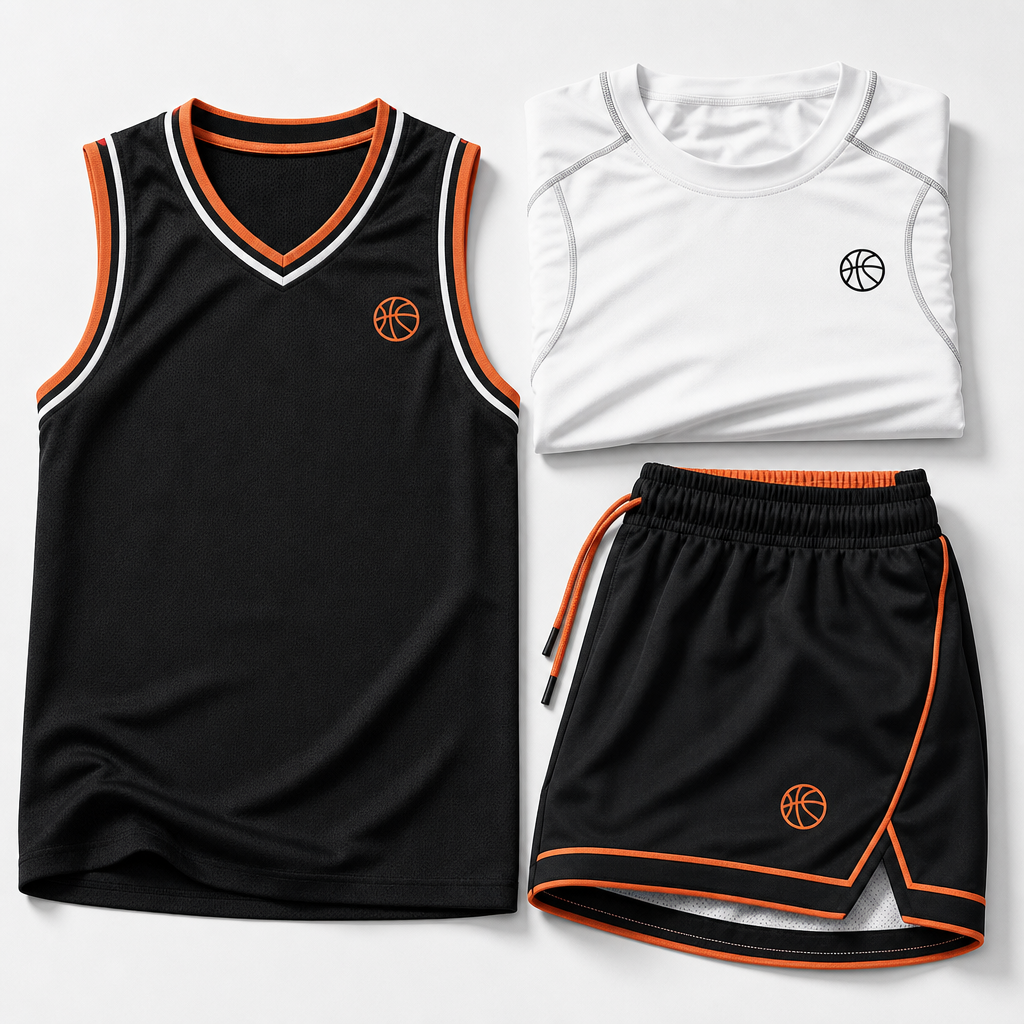 Monochrome basketball apparel set with a black sleeveless jersey, white compression tee, and orange-trimmed shorts neatly folded
