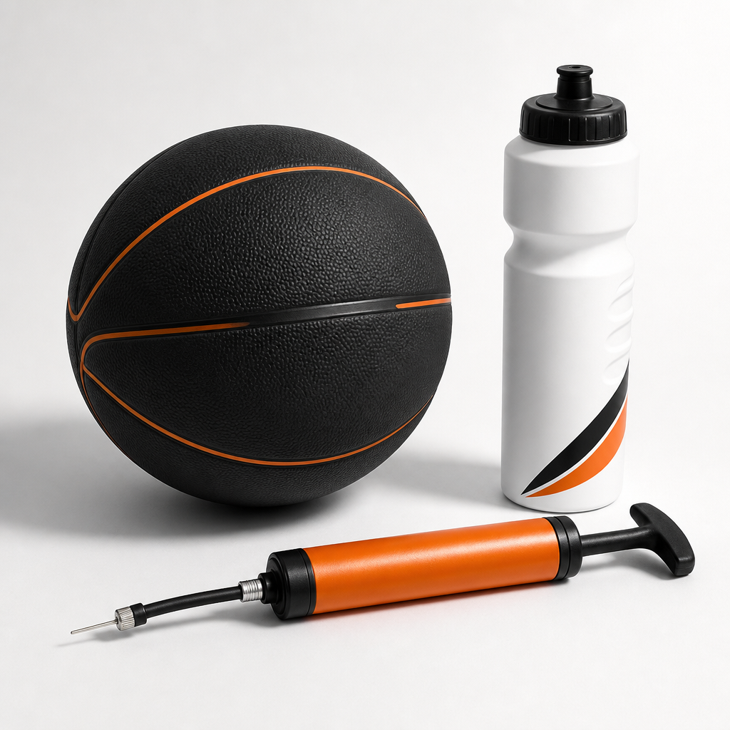 Basketball essentials kit with a matte black ball, white water bottle, and an orange-accented pump