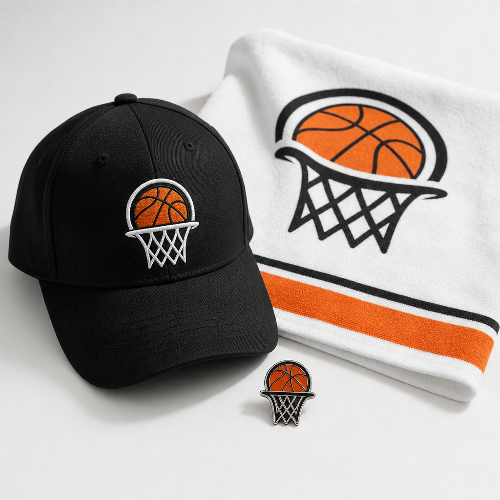 Premium fan merchandise set featuring a black cap, white rally towel, and orange-accented enamel pin