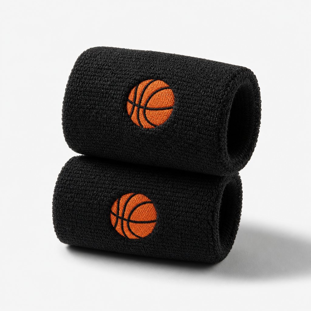 Pair of black performance wristbands with orange woven logo