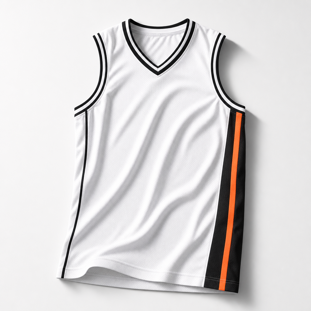 White sleeveless basketball jersey with black piping and orange side stripe
