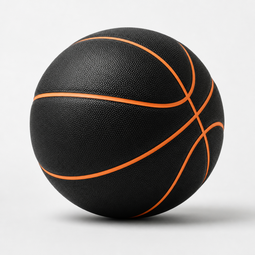 High-performance indoor basketball in matte black with subtle orange seams, photographed on a clean studio backdrop