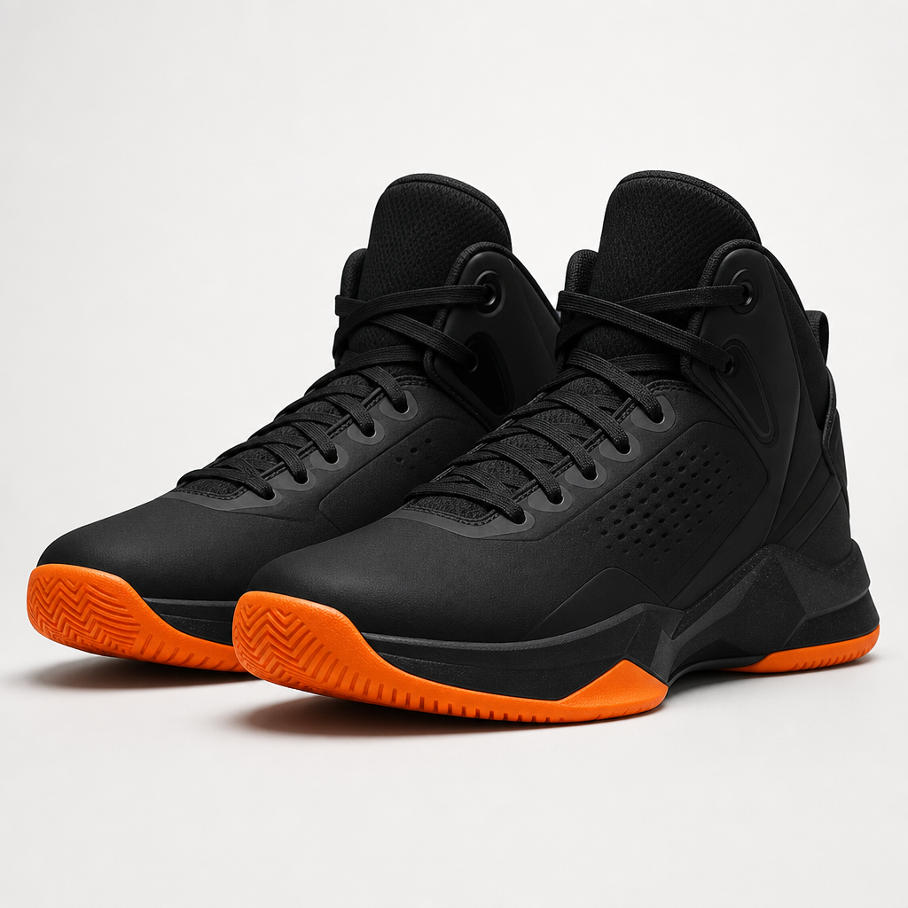 Black high-top basketball shoes with orange outsole