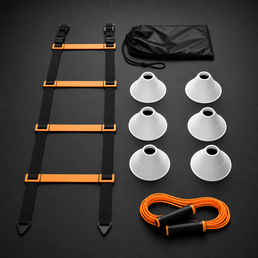Minimalist basketball training gear including a black agility ladder, white cones, and an orange speed rope