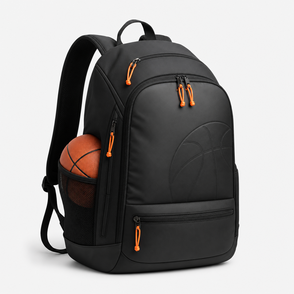 Matte black basketball backpack with orange zipper pulls