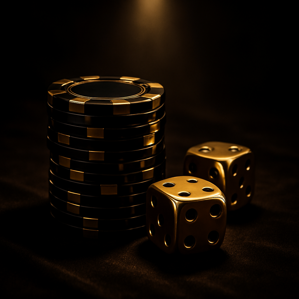 Stack of glossy black poker chips with gold accents and two golden dice glowing under dramatic casino lighting