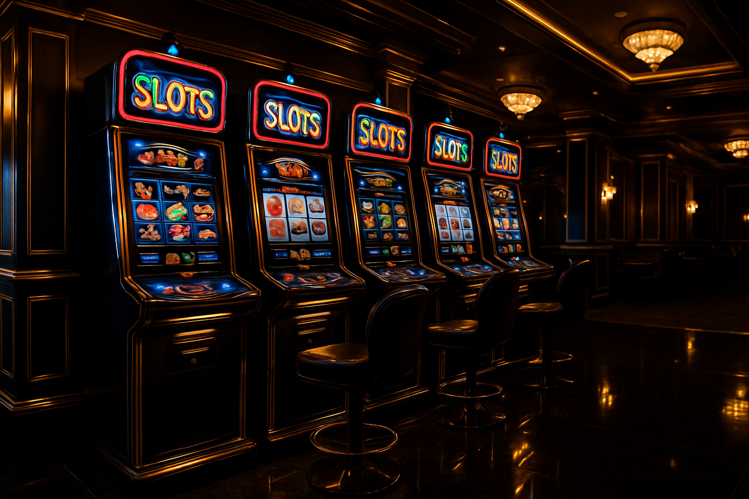 Neon-lit slot machines in a luxury casino lounge with gold accents