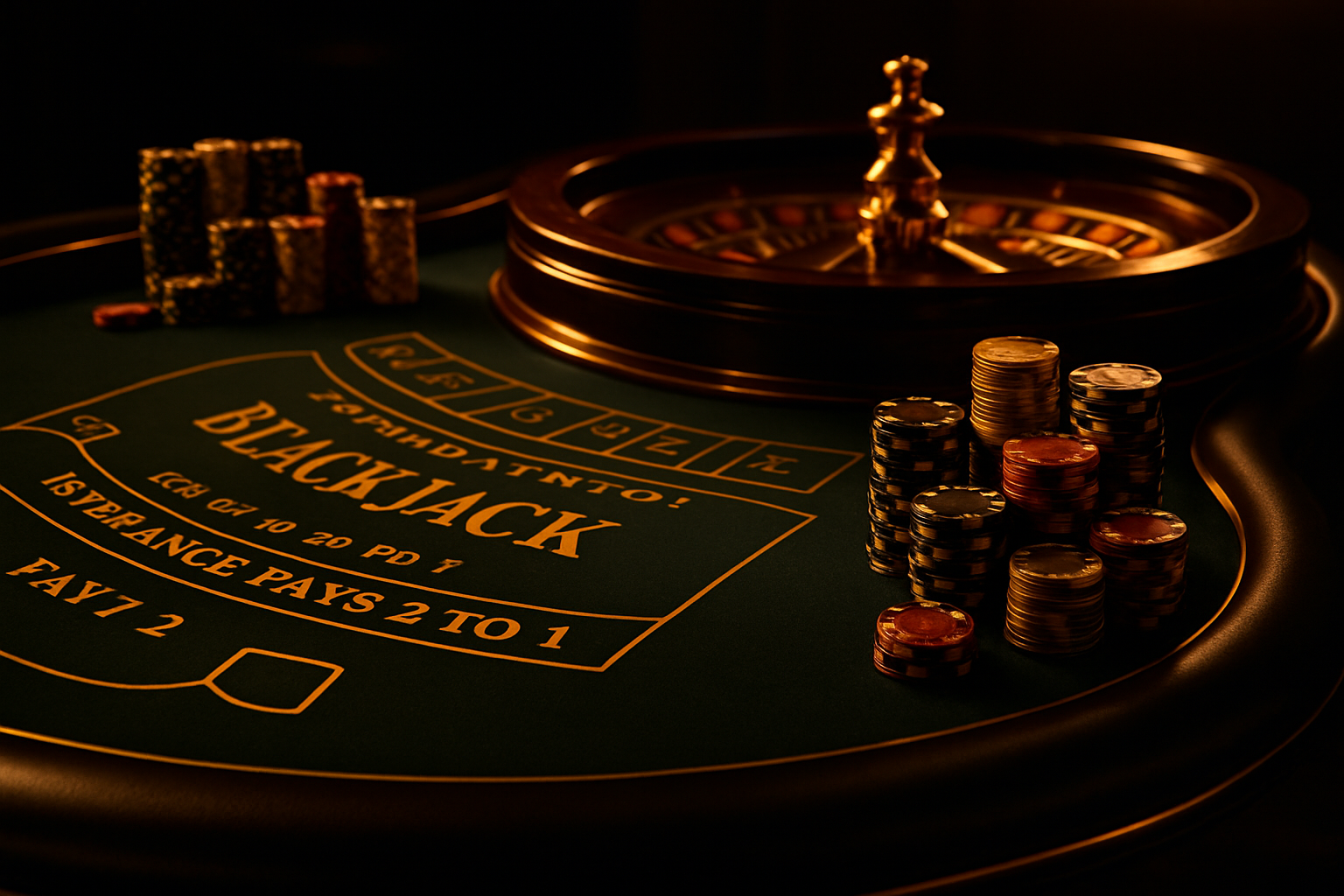 Blackjack and roulette table with polished chips and gold trim