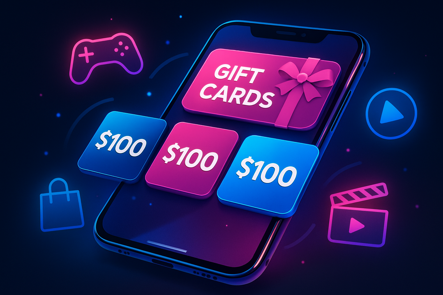 Vibrant digital gift cards displayed on a smartphone with gaming and shopping icons