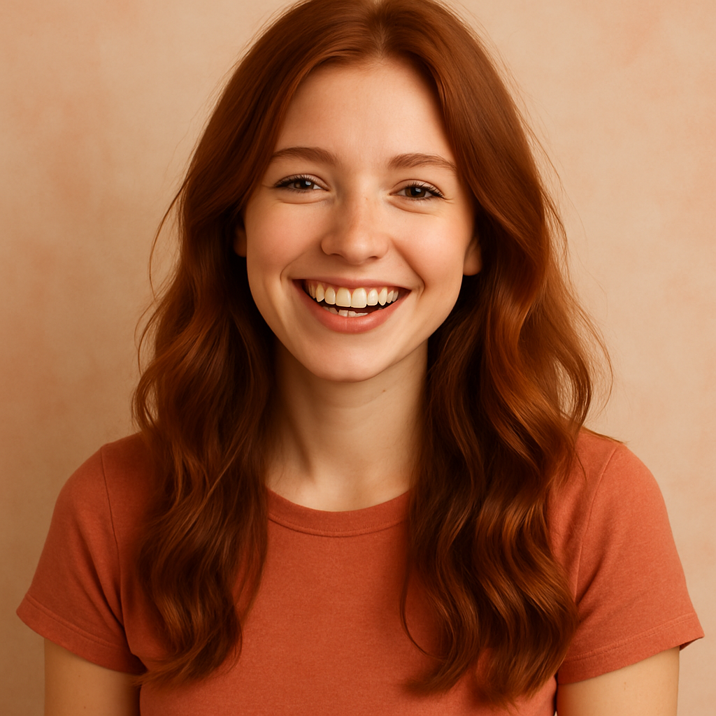 Smiling woman with long wavy auburn hair