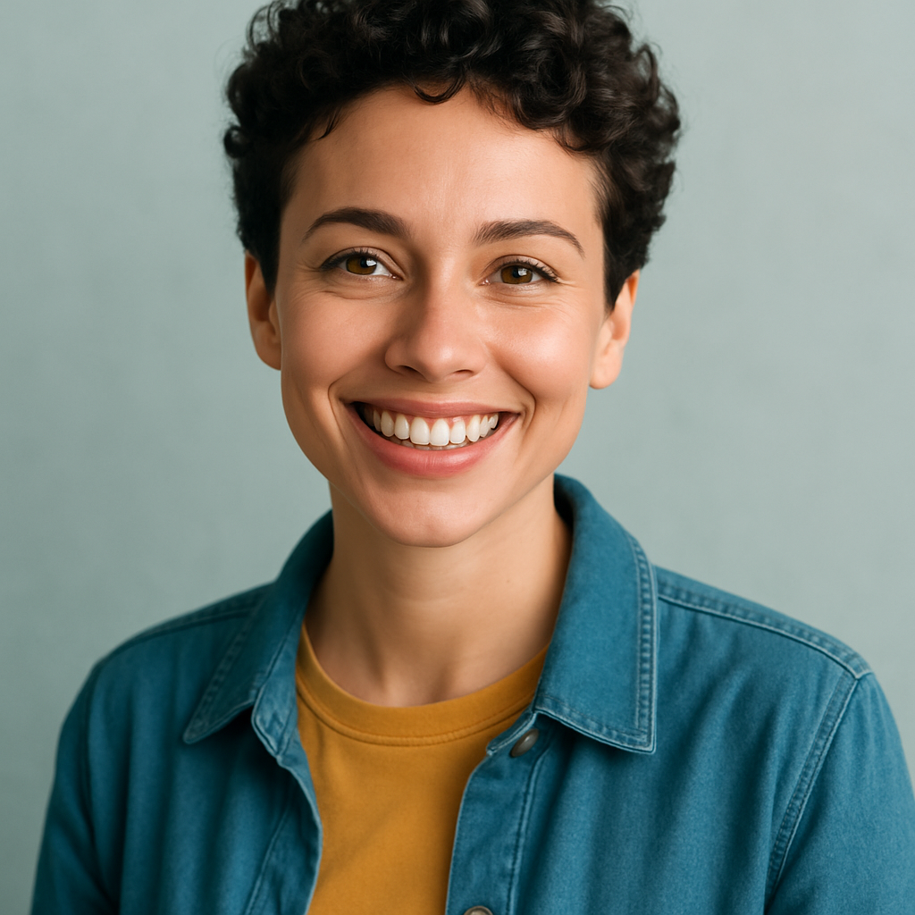 Smiling young woman with short curly hair and bright eyes