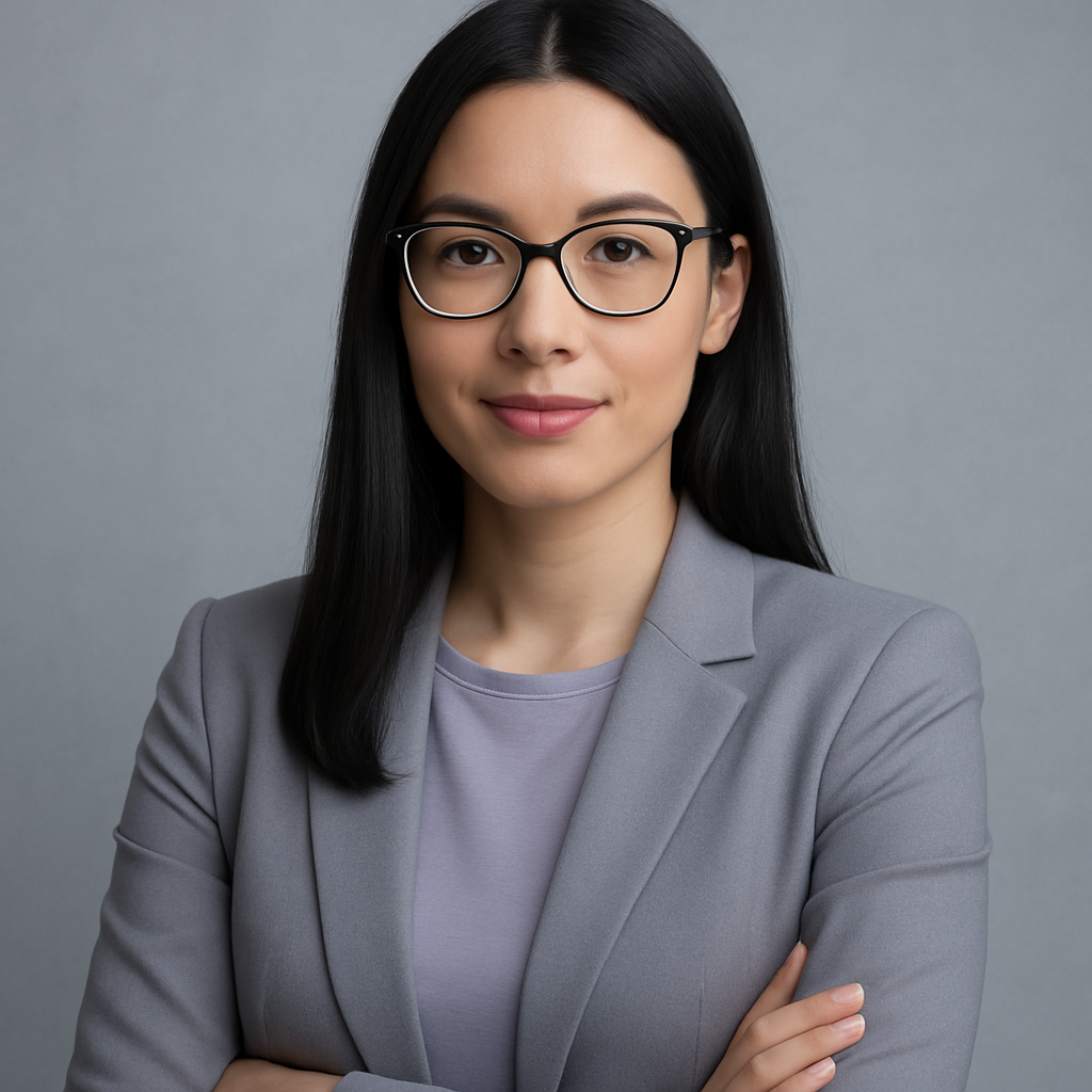 Professional woman with straight black hair and glasses