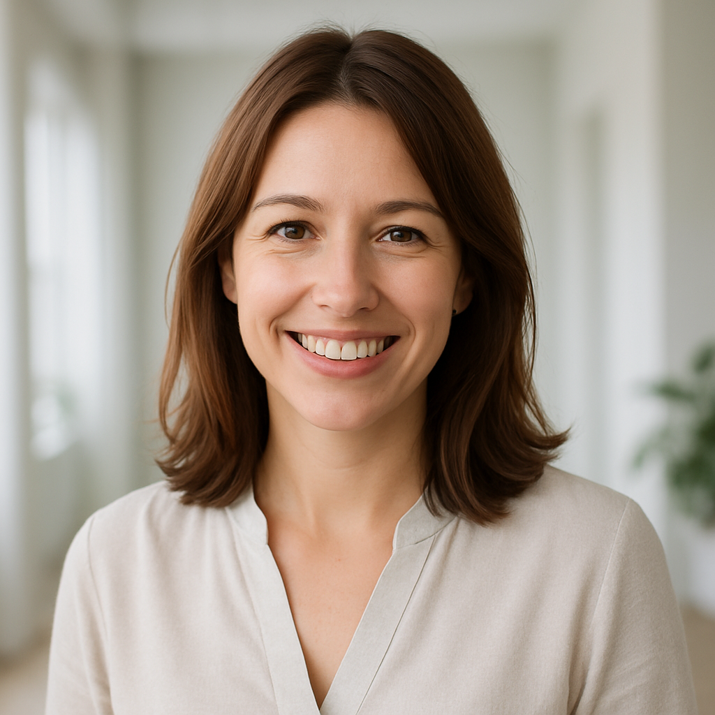 Olena H., smiling woman with shoulder-length chestnut hair