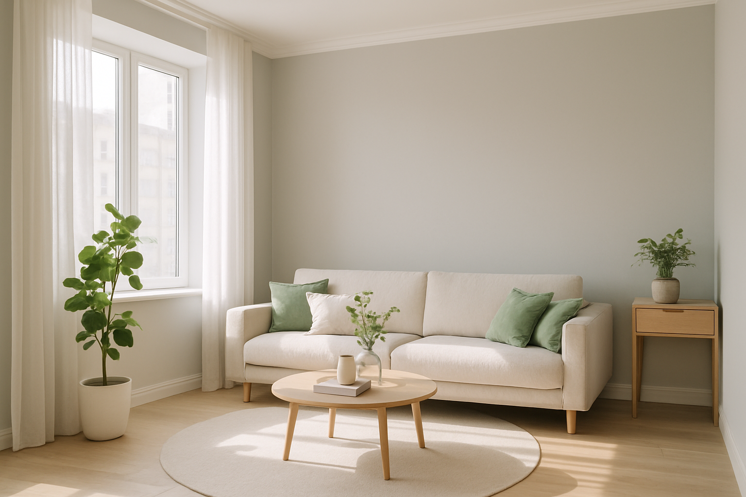 Sunlit living room with green accents