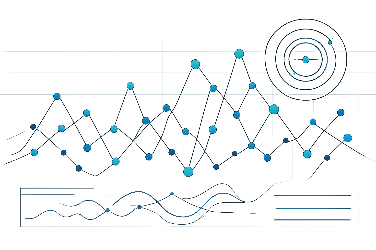 Abstract holographic data visualization with neon mint and electric cobalt nodes connected by trend lines on a dark navy lab dashboard