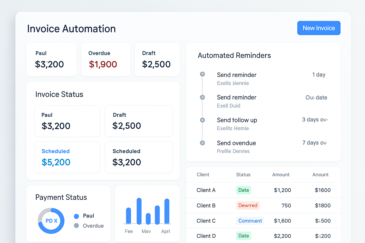 InvoicePilot dashboard showing invoice statuses, automated reminder schedule, and payment tracking metrics