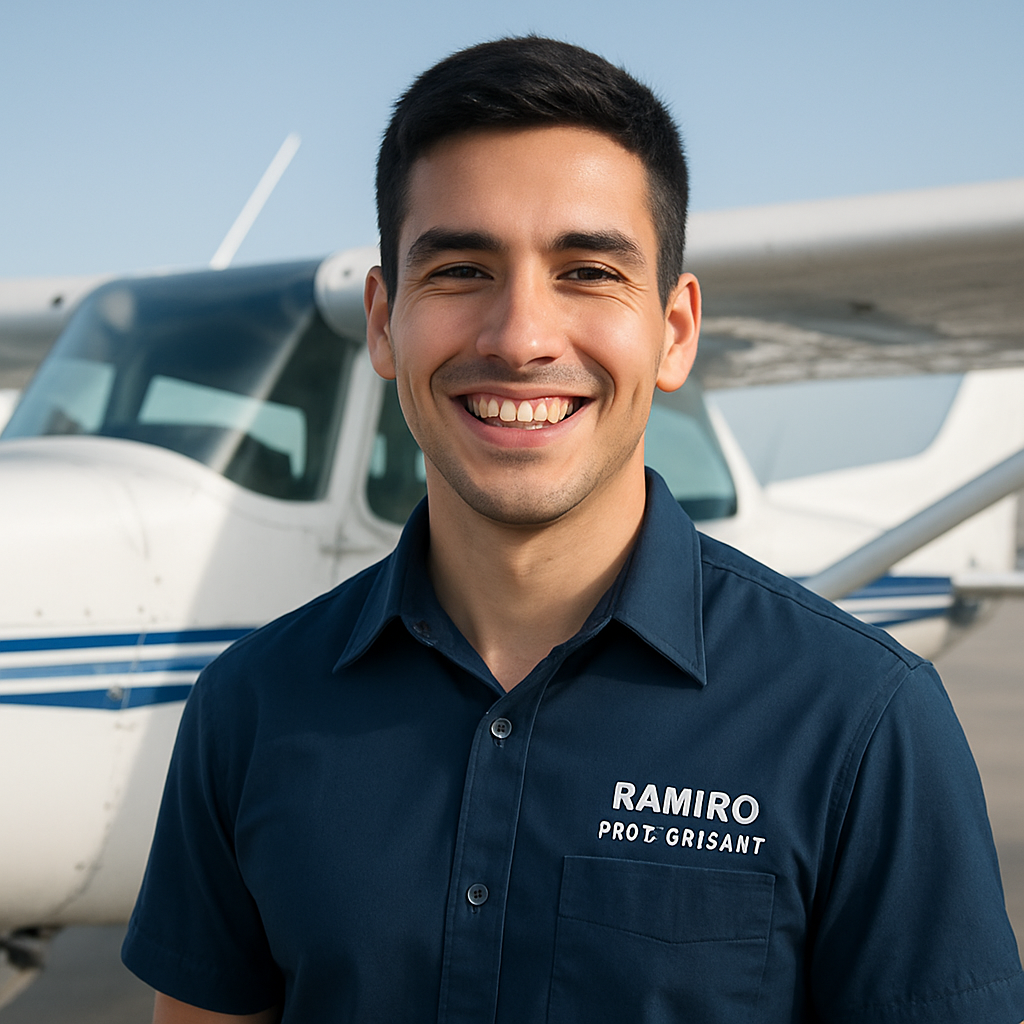 Portrait of Ramiro, smiling pilot student with short dark hair and navy shirt, in front of aircraft, aviation-inspired, clean and modern