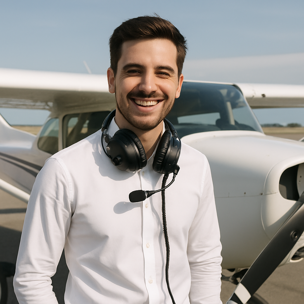 Portrait of successful pilot student, smiling with aviation headset around neck, standing near a small airplane